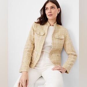 Ann Taylor Stand Collar Tweed Beige Classic Preppy Jacket Blazer Size 14
